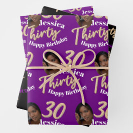 30. Geburtstag Fotos lila Gold Schwarz und Weiß Geschenkpapier Set