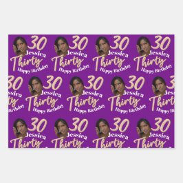 30. Geburtstag Fotos lila Gold Schwarz und Weiß Geschenkpapier Set