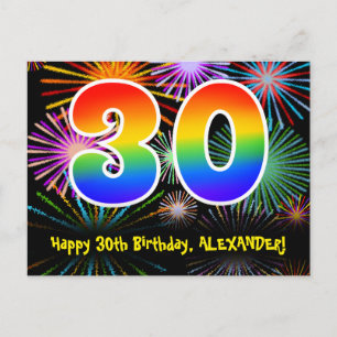 30. Geburtstag - Fun Fireworks Pattern + Regenboge Postkarte
