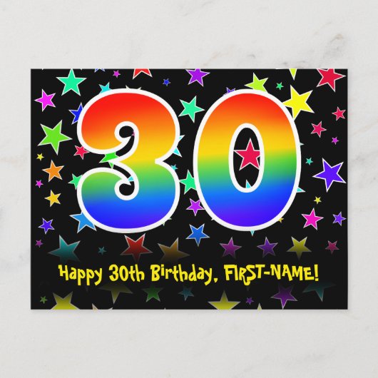30. Geburtstag: Fun Stars Pattern, Regenbogen 30,  Postkarte (Vorderseite)