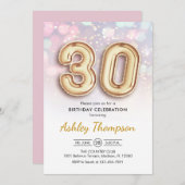 30. Geburtstag - Goldene Balloons Rosa Lichter Einladung (Vorne/Hinten)