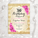 30. Geburtstag - Goldene Streifen Rosen Einladung<br><div class="desc">Einladung zum 30. Geburtstag. Elegantes Design in Gold und Rosa. Features Imitate Glitzer goldene Streifen,  rosa Rosen stilvolle Skript-Schriftart und Konfetti. Ideal für eine gläserne Geburtstagsfeier.</div>
