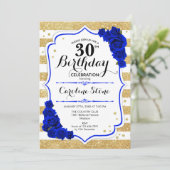 30. Geburtstag - Goldstreifen Royal Blue Rose Einladung (Stehend Vorderseite)