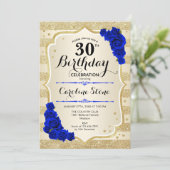 30. Geburtstag - Goldstreifen Royal Blue Rose Einladung (Stehend Vorderseite)