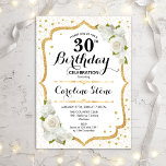 30. Geburtstag - Goldweiße Rosen Einladung<br><div class="desc">Eleganter 30. Geburtstag Einladung. Stilvolles Design in weiß und gold. Weiße Rosen,  Damast-Muster und Imitate Glitzer Konfetti. Ideal für eine gläserne Geburtstagsfeier. Kann für jedes Alter angepasst werden. Nachricht,  wenn Sie weitere Anpassungen benötigen.</div>