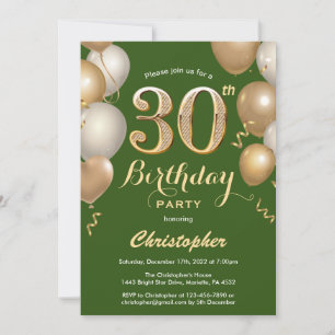 30. Geburtstag Green und Gold Balloons Confetti Einladung