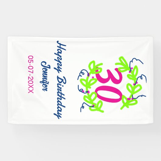 30. Geburtstag grüner blauer Kranz Datum rustikal Banner (Horizontal)