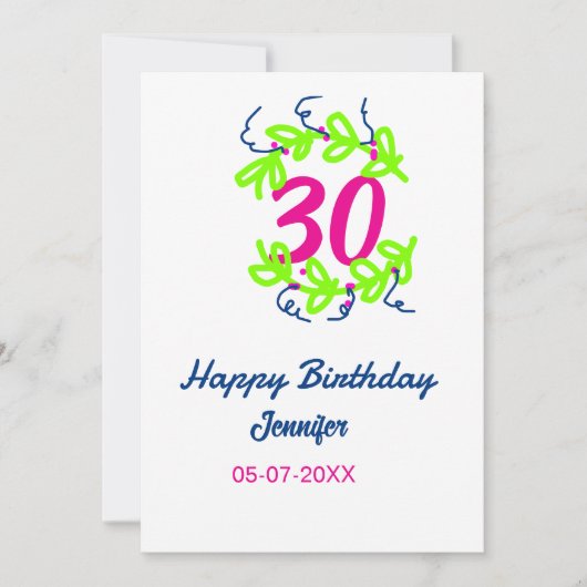 30. Geburtstag grüner blauer Kranz Datum rustikal Einladung (Vorderseite)