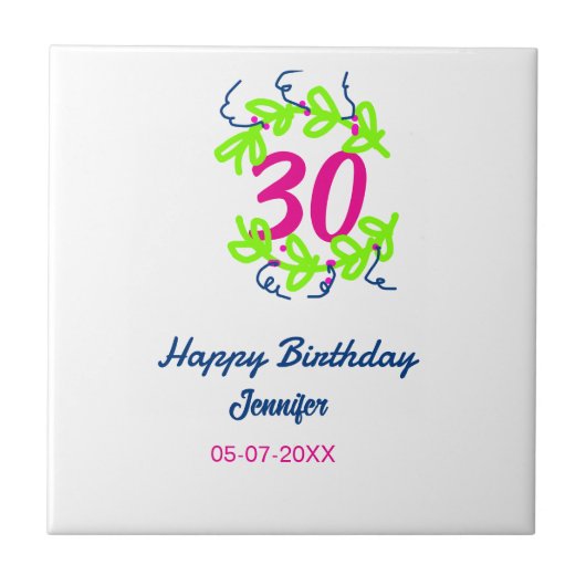 30. Geburtstag grüner blauer Kranz Datum rustikal  Fliese (Vorderseite)