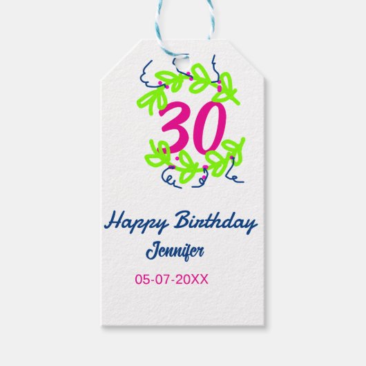 30. Geburtstag grüner blauer Kranz Datum rustikal Geschenkanhänger (Vorderseite)