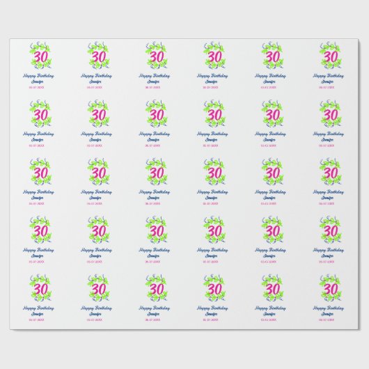 30. Geburtstag grüner blauer Kranz Datum rustikal Geschenkpapier (Flach)