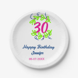 30. Geburtstag grüner blauer Kranz Datum rustikal  Pappteller