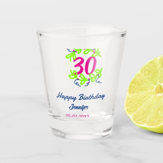 30. Geburtstag grüner blauer Kranz Datum rustikal Schnapsglas (Vorderseite)