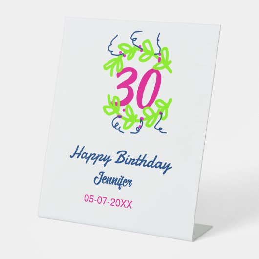 30. Geburtstag grüner blauer Kranz Datum rustikal  Sockelschild (Vorderseite)