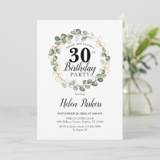 30. Geburtstag - Grüner Eukalyptus-Foliage Einladung (Stehend Vorderseite)