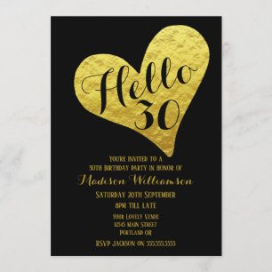 30. Geburtstag Hallo 30 Schwarz und Kunstgold Herz Einladung
