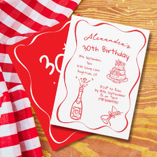 30. Geburtstag Hand Drawn Red White Whimsical Einladung