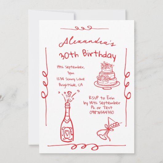 30. Geburtstag Handgezeichnete rote Whimsikkala Einladung (Vorderseite)
