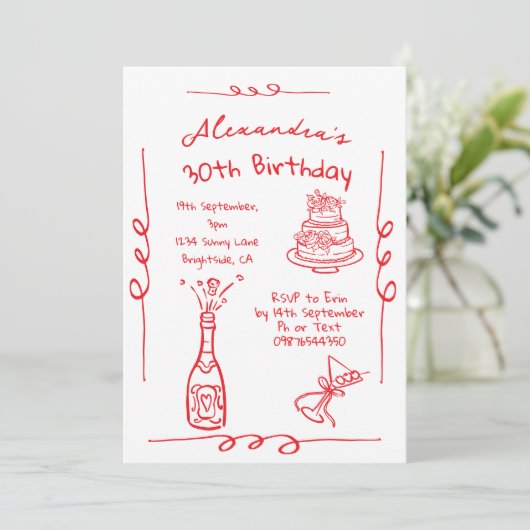 30. Geburtstag Handgezeichnete rote Whimsikkala Einladung (Stehend Vorderseite)