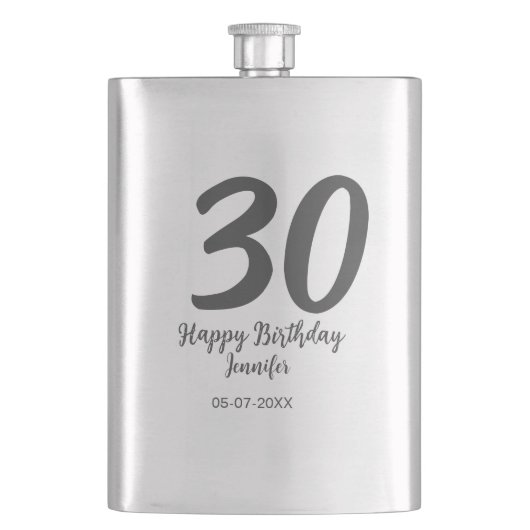 30. Geburtstag hinzufügen Namensdatum Jahr schwarz Flachmann (Vorderseite)