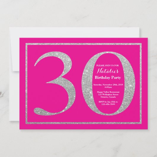 30. Geburtstag Hot Pink und Silver Glitzer Einladung (Vorderseite)