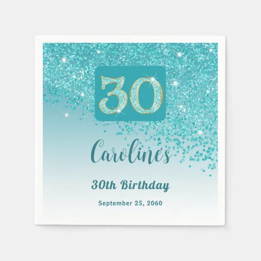30. Geburtstag Hübscher Aquamariner blauer Glitzer Serviette (Vorderseite)