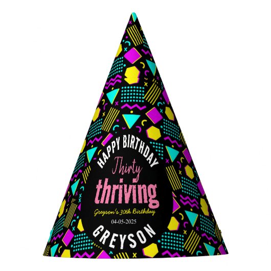 30. Geburtstag in Schwarz und Retro Partyhütchen (Vorderseite)