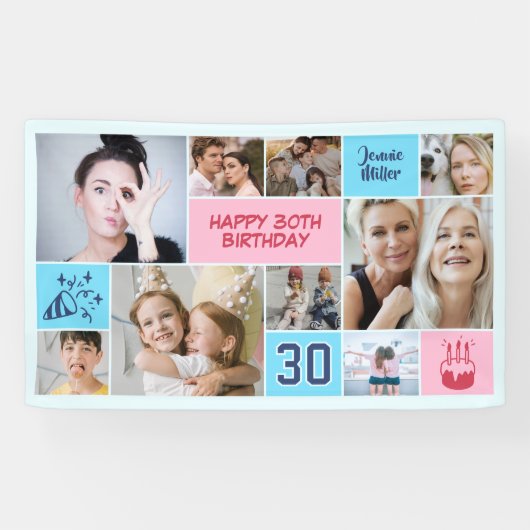 30. Geburtstag individuelle Fotocollage Pink Blau Banner (Horizontal)
