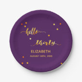 30. Geburtstag lila Gold hello 30 Namensskript Pappteller (Vorderseite)