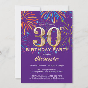 30. Geburtstag Lila und goldene Regenbogenfeuerwer Einladung