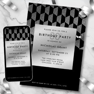 30. Geburtstag Modern Schwarz Faux Silberfolie Einladung