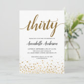 30. Geburtstag Modernes Gold Confetti Dots Script Einladung (Stehend Vorderseite)