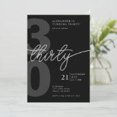 30. Geburtstag Modernes Minimalistisches Schwarzes Einladung (Stehend Vorderseite)