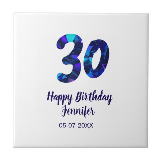 30. Geburtstag Name Datum Jahr blau glänzend Fliese (Vorderseite)