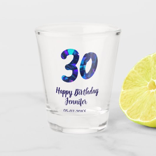 30. Geburtstag Name Datum Jahr blau glänzend Schnapsglas (Vorderseite)