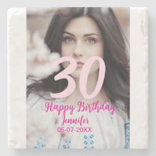 30. Geburtstag Name Datum Jahr weißes Foto Steinuntersetzer