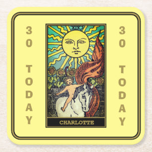 30. Geburtstag   Name der Sun-Tarot-Karte Gelb Rechteckiger Pappuntersetzer