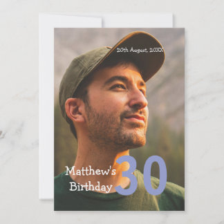 30. Geburtstag Name Foto Datum Mann Blau Weiß Einladung