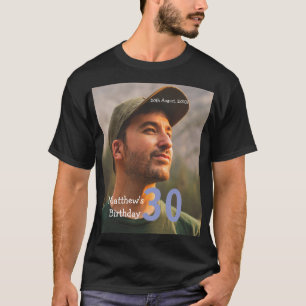 30. Geburtstag Name Foto Datum Mann Blau Weiß T-Shirt