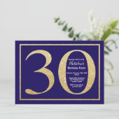 30. Geburtstag Navy Blue and Gold Glitzer Einladung (Stehend Vorderseite)