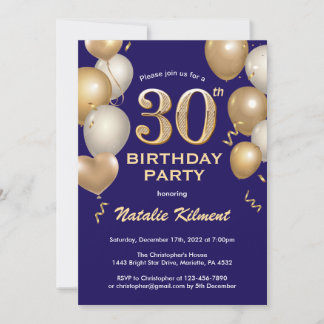 30. Geburtstag Navy Blue und Gold Glitzer Balloons Einladung