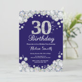30. Geburtstag Navy Blue und Silver Diamond Einladung (Stehend Vorderseite)