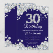 30. Geburtstag Navy Blue und Silver Diamond Einladung (Vorne/Hinten)