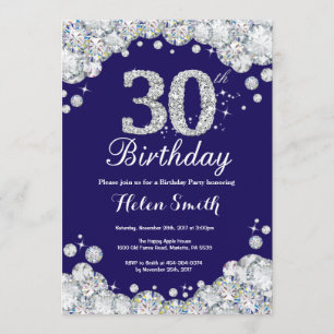 30. Geburtstag Navy Blue und Silver Diamond Einladung