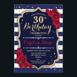 30. Geburtstag - Navy White Stripes und Rote Rosen Einladung<br><div class="desc">30. Geburtstag Einladung Elegantes marinebrotes Design mit Imitat Glitzer. Navy und weiße Streifen mit rote Rosen. Ideal für eine stilvolle Geburtstagsfeier.</div>