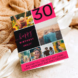 30 Geburtstag Neon Pink 6 Foto Collage Grid Karte<br><div class="desc">Modernes schlichtes 30. Geburtstagsneon pink 6 Foto Collage Grid mit leuchtend rosa und schwarz editierbaren Farben und moderner Typografie.</div>