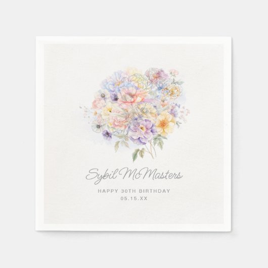 30. Geburtstag Party Aquarellfarben Blütenmassage Serviette (Vorderseite)