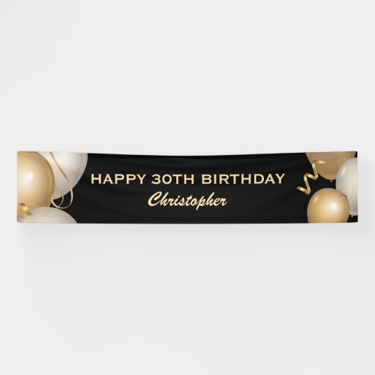 30. Geburtstag Party Black and Gold Balloons Banner (Horizontal)