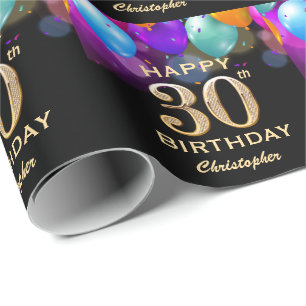 30. Geburtstag Party Black and Gold Balloons Geschenkpapier