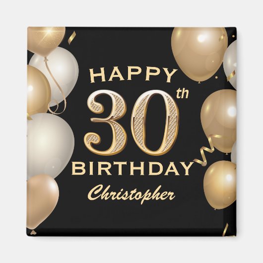 30. Geburtstag Party Black and Gold Balloons Magnet (Vorne)